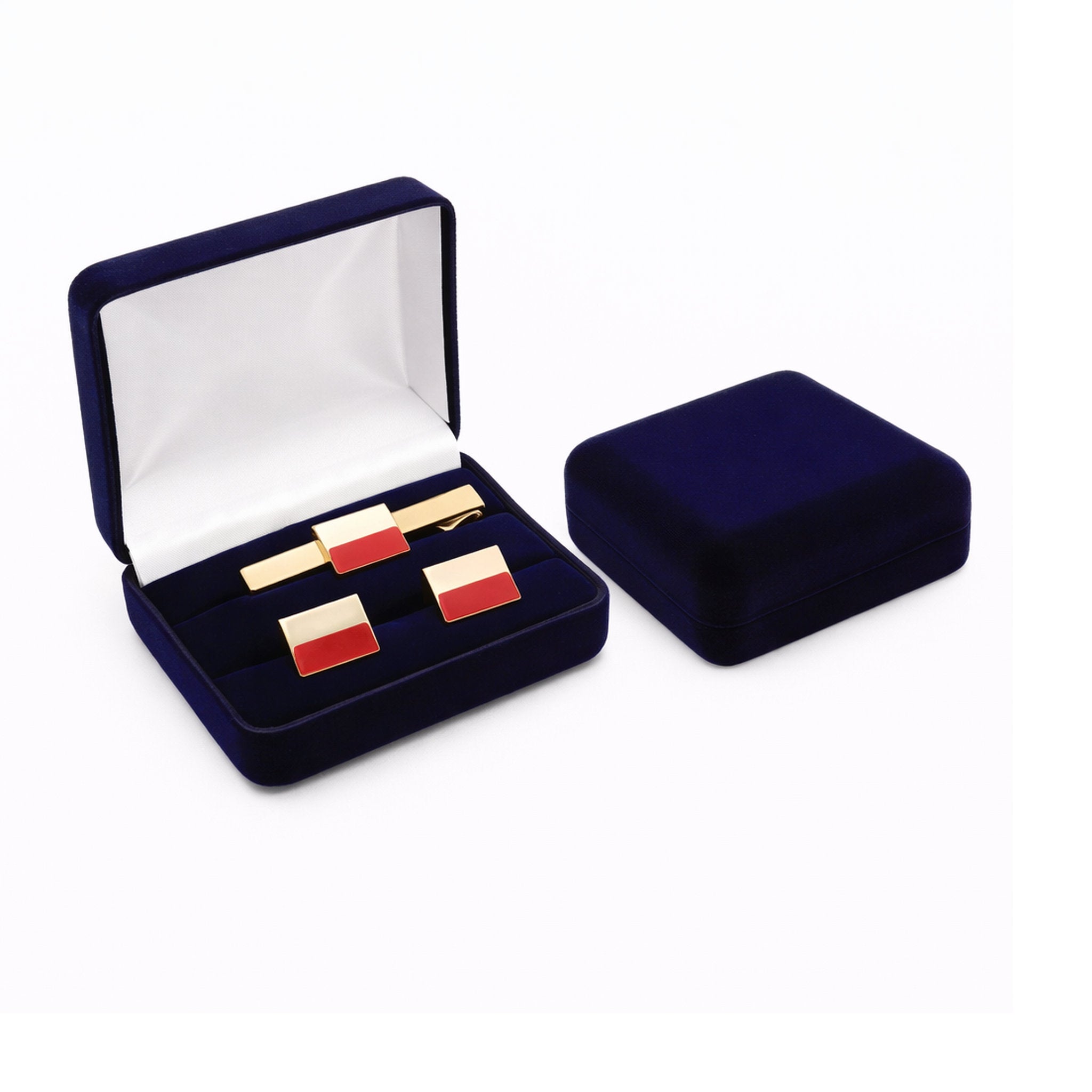 Elegantes Samt-Etui mit zwei länglichen Steckleisten für Pins, Spangen oder Manschettenknöpfe.