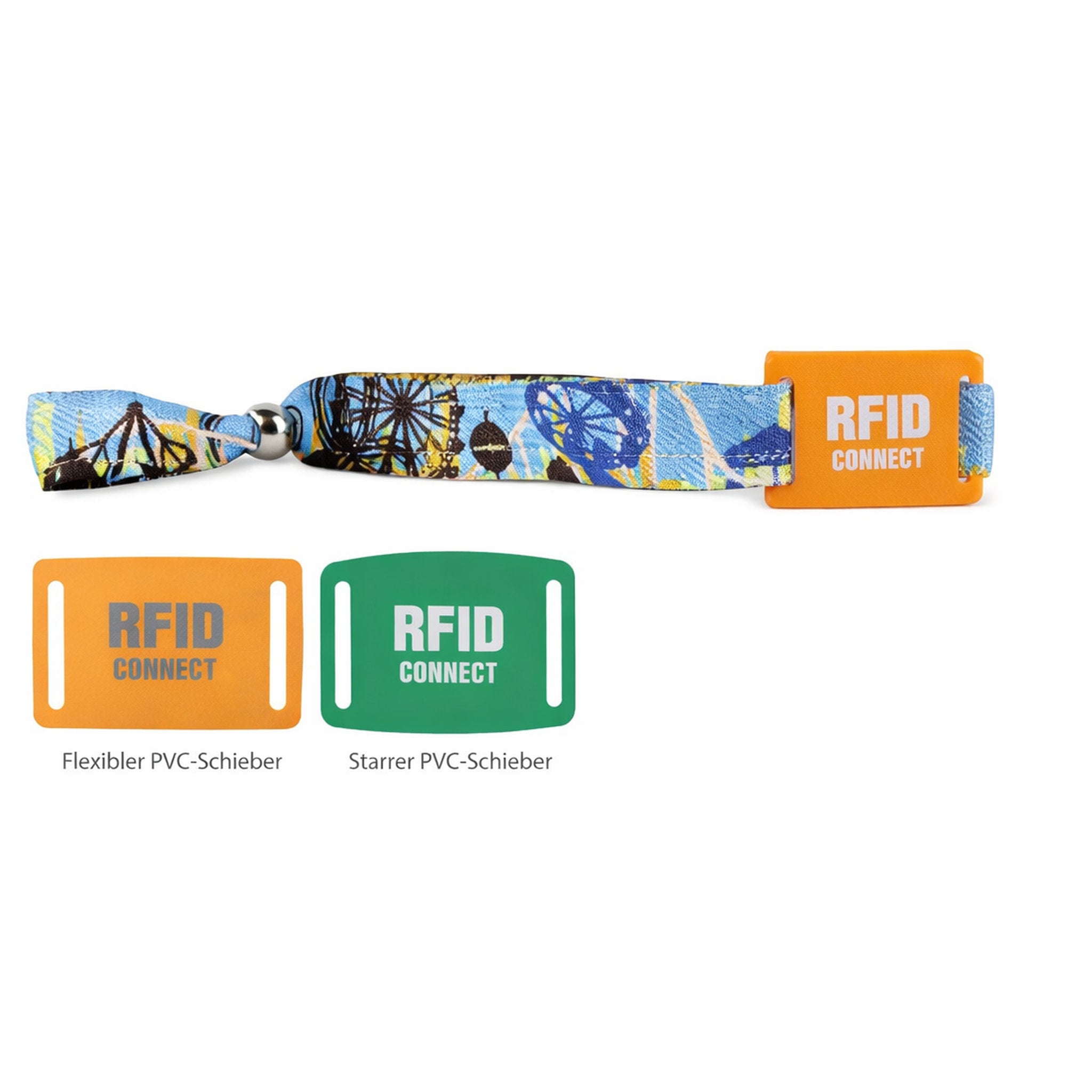 Gewebtes oder satinähnliches RFID-Armband mit individuell gestaltbarem RFID-Schieber aus PVC oder Metall. Ideal für Events und Zugangskontrolle.