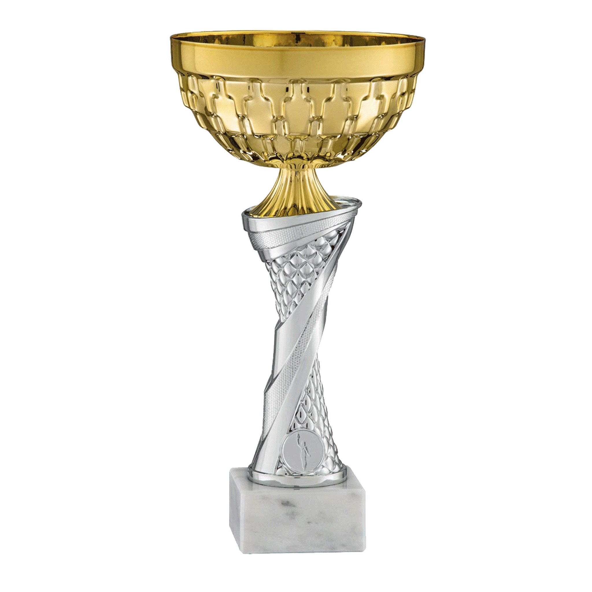 Der Pokal Rokko verbindet klassische Siegerästhetik mit einer harmonischen Materialwirkung. Der goldfarbene Kelch wird von einem silberfarben gestalteten Mittelteil getragen, das mit einer gedrehten Struktur für eine elegante Linienführung sorgt. Die Komb