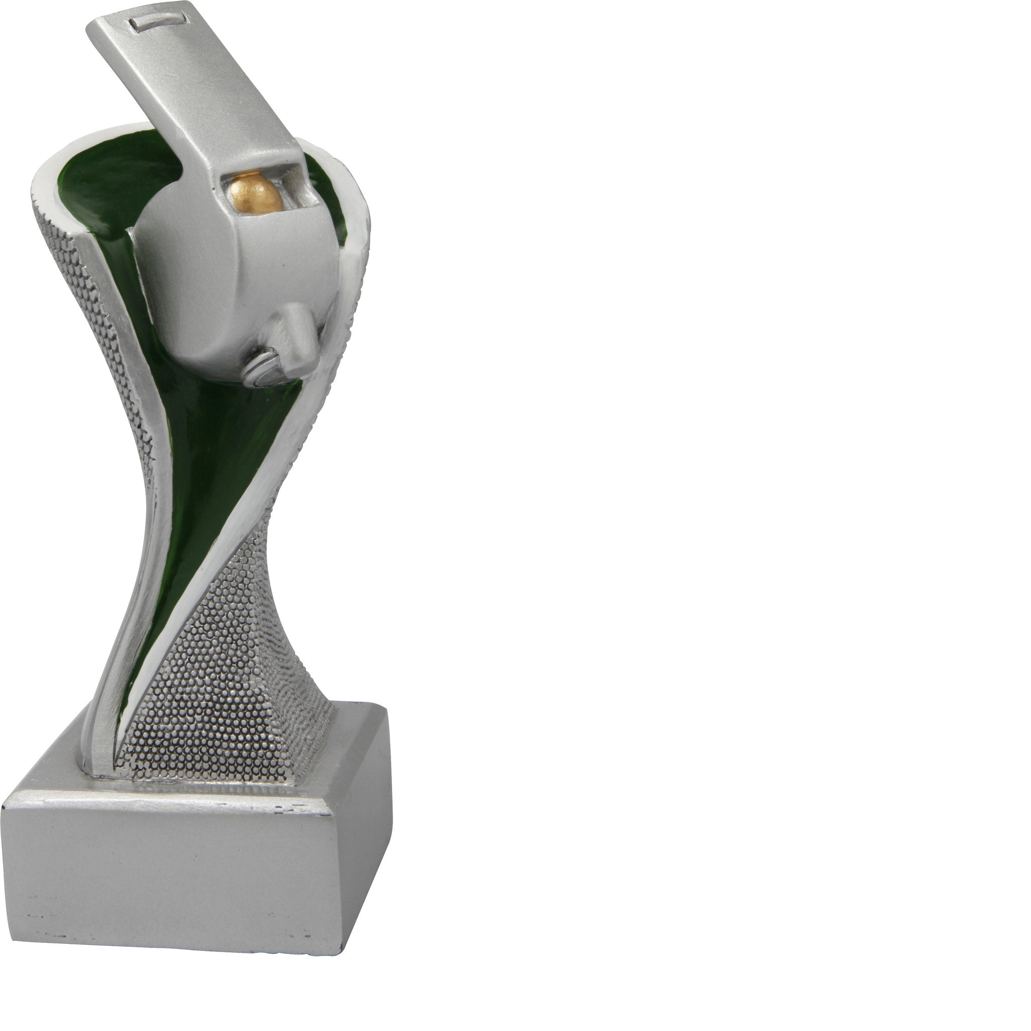 Die Schiedsrichter Groove ist eine Trophäe mit geschwungener Form in Silber auf silbernem Sockel. Ganz oben ist eine Pfeife angebracht. Diese dynamische Trophäe eignet sich perfekt für Fairplay-Auszeichnungen, Turniere und Vereinsmeisterschaften.