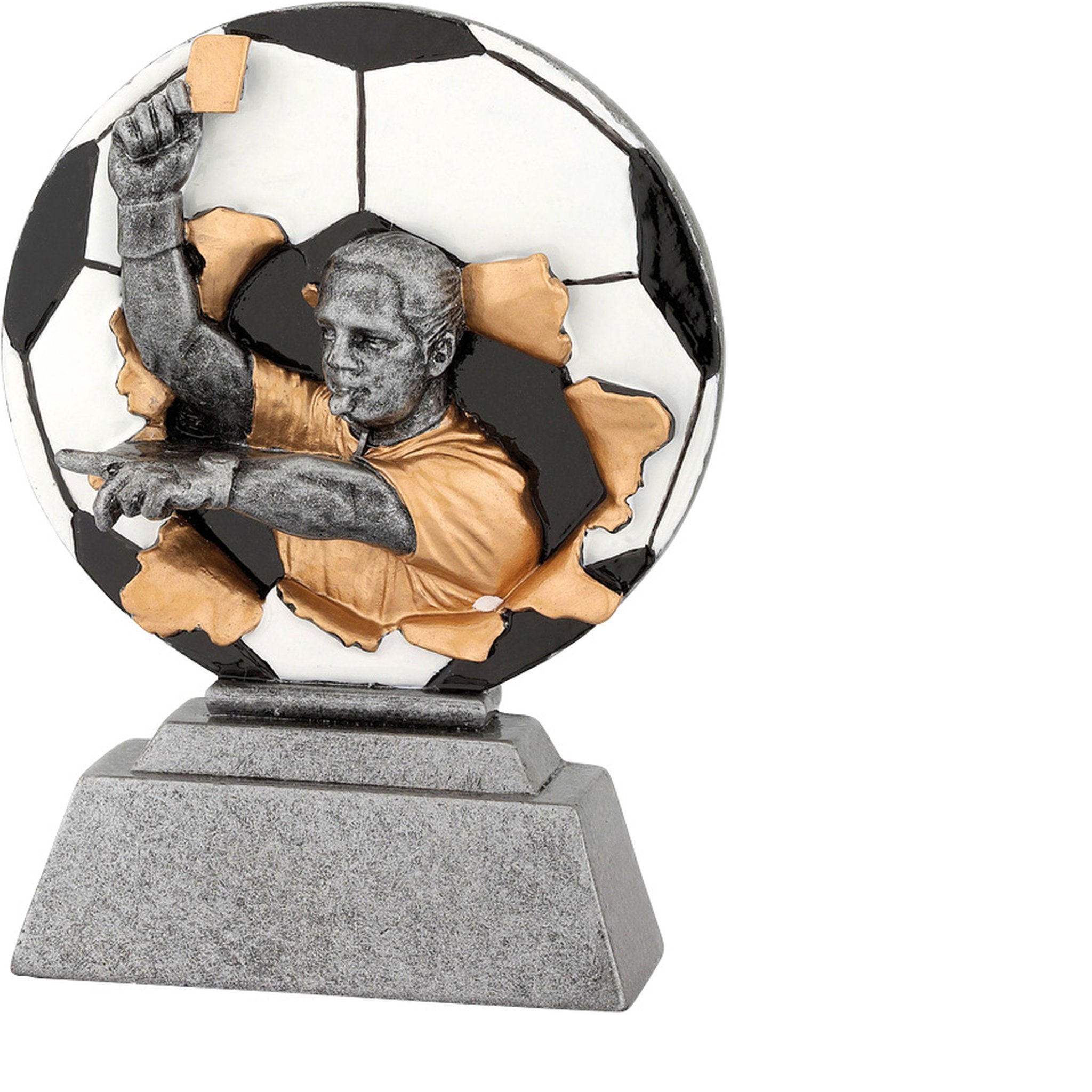 Die Schiedsrichter-Sportfigur zeigt einen Schiedsrichter beim Pfeifen, der die Karte hochhält, vor einem Fußball-Hintergrund und steht auf einem grauen Sockel. Die ausdrucksstarke Darstellung macht diese Figur zu einer besonderen Auszeichnung für Fairplay