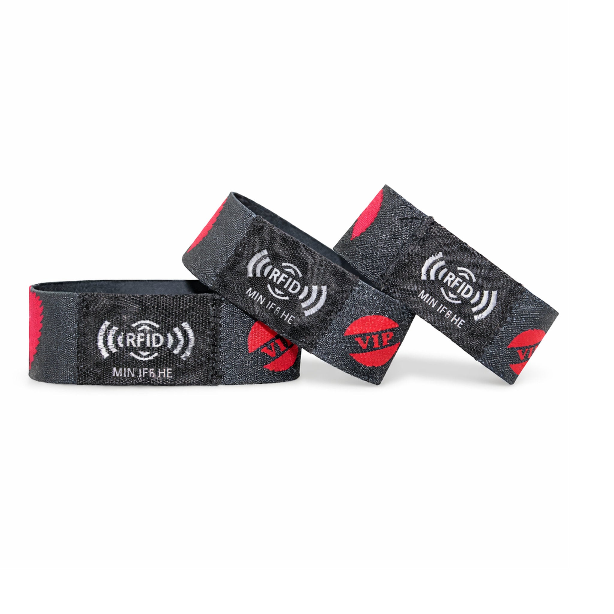 Elastisches RFID-Armband aus Stretch-Polyester mit integriertem RFID-Chip im gewebten Etikett. Komfortabel, langlebig und ideal für Events.