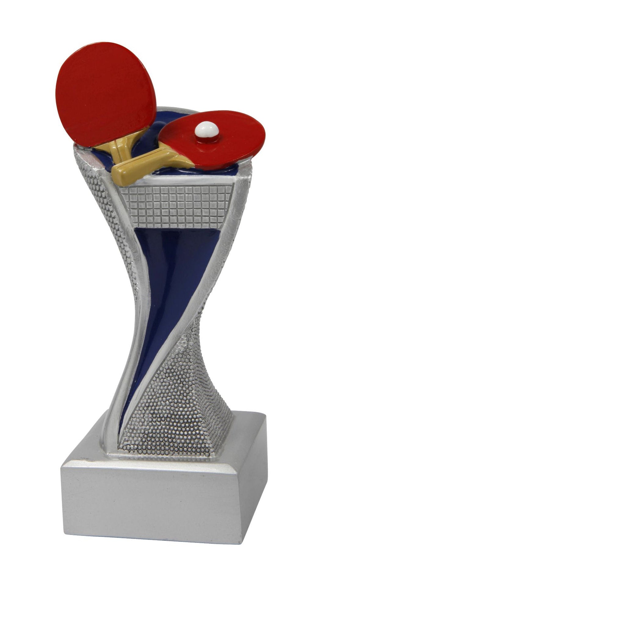 Tischtennis Groove, Resina Trophäe, silberne Resina-Figur, geschwungene Trophäe, Tischtennisschläger Trophäe, Tischtennisball Figur, Tischtennisnetz Trophäe, Sportauszeichnung Tischtennis, Vereinsmeisterschaft Trophäe, dynamische Sporttrophäe, personalisi