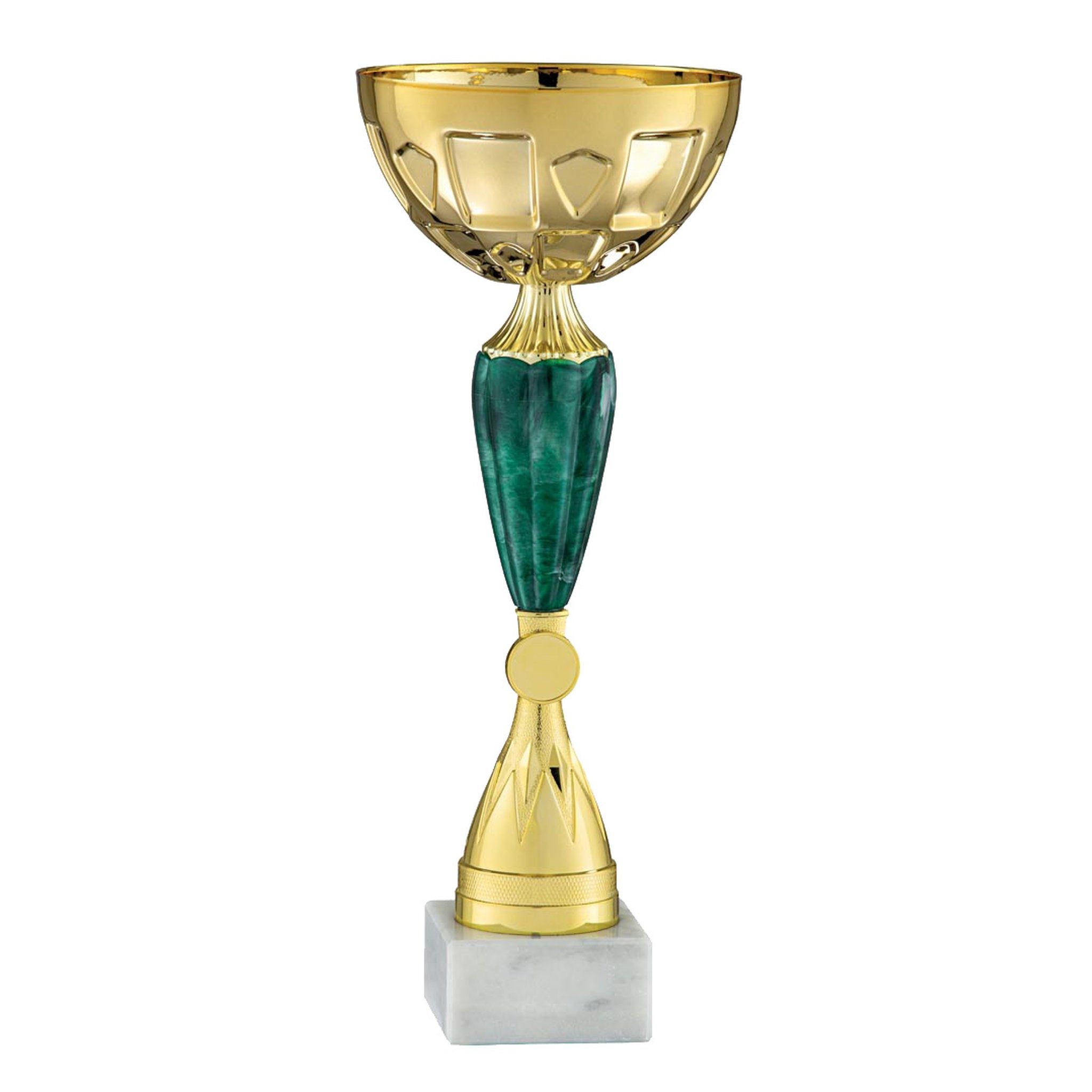 Der Pokal Track überzeugt durch seine klare, moderne Linienführung in Kombination mit einem farblich akzentuierten Mittelteil. Der goldfarbene Kelch wirkt präsent und hochwertig, während das strukturierte Element im Mittelteil dem Design eine dynamische N