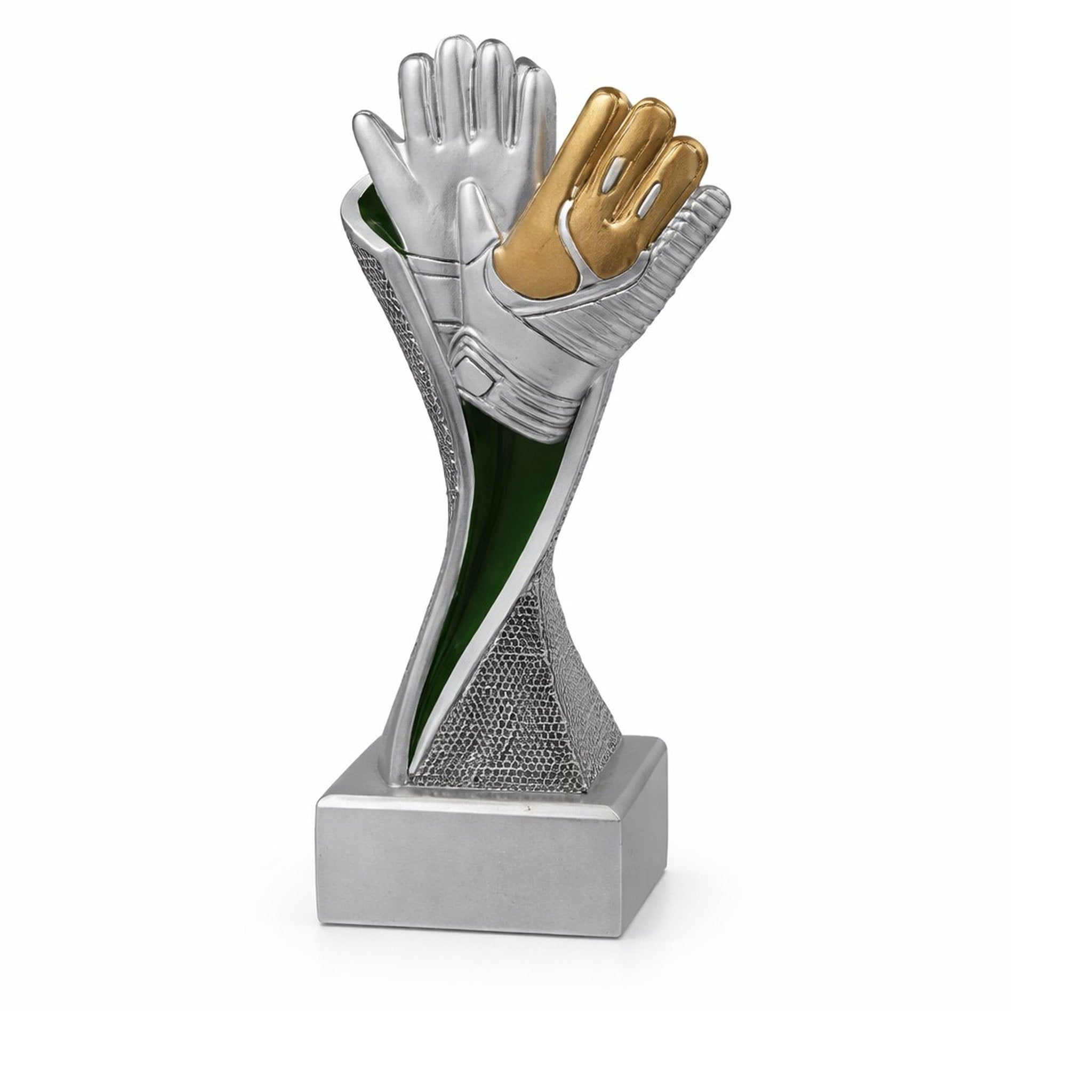 Die Tormann Groove ist eine Trophäe mit geschwungener Form in Silber auf silbernem Sockel. Ganz oben sind silber-goldene Handschuhe eines Tormanns angebracht. Diese dynamische Trophäe eignet sich perfekt für Fußballturniere, Vereinsmeisterschaften und spo