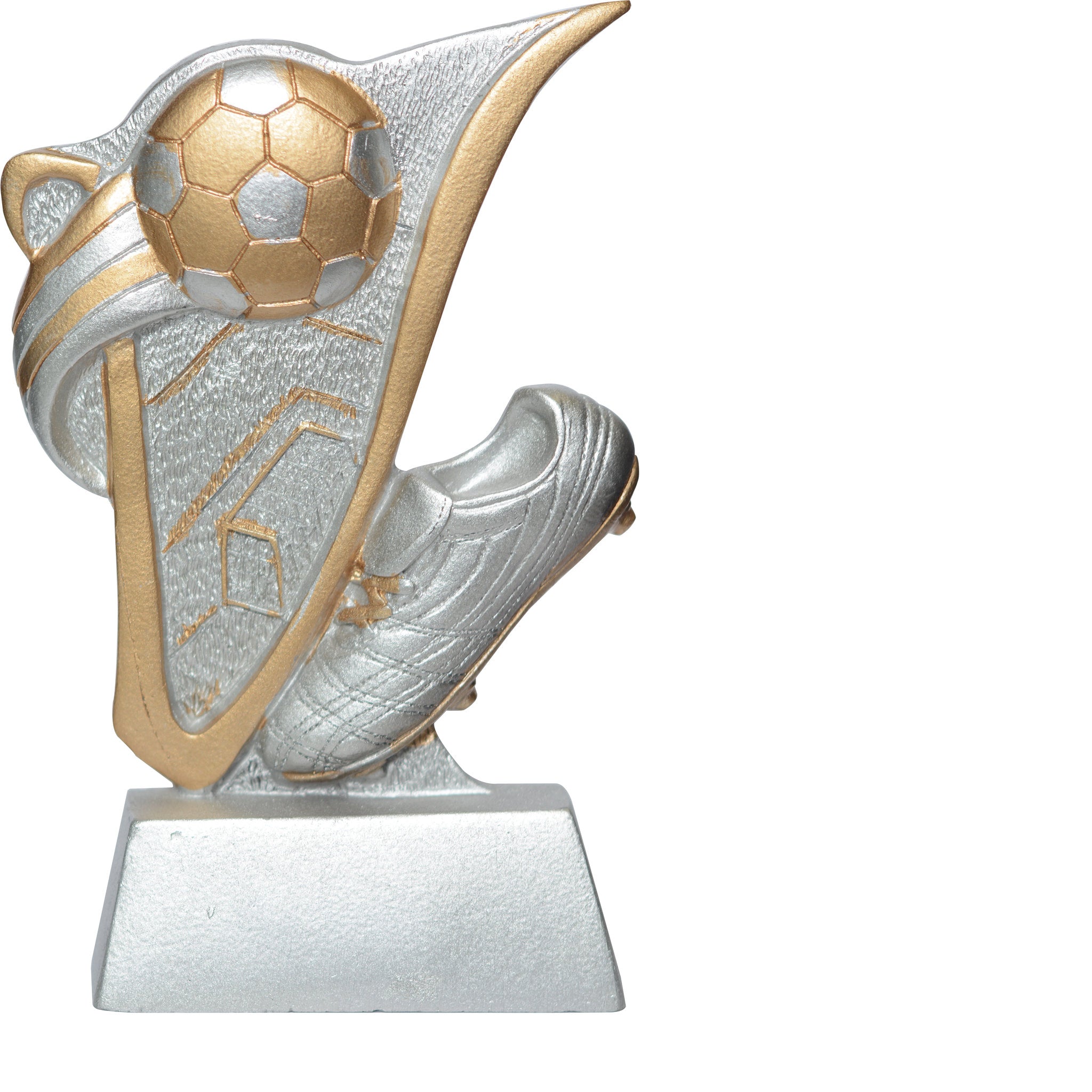 Sportliche Kunststoff-Trophäe mit Fußballmotiv in V-Form auf stabilem Sockel.