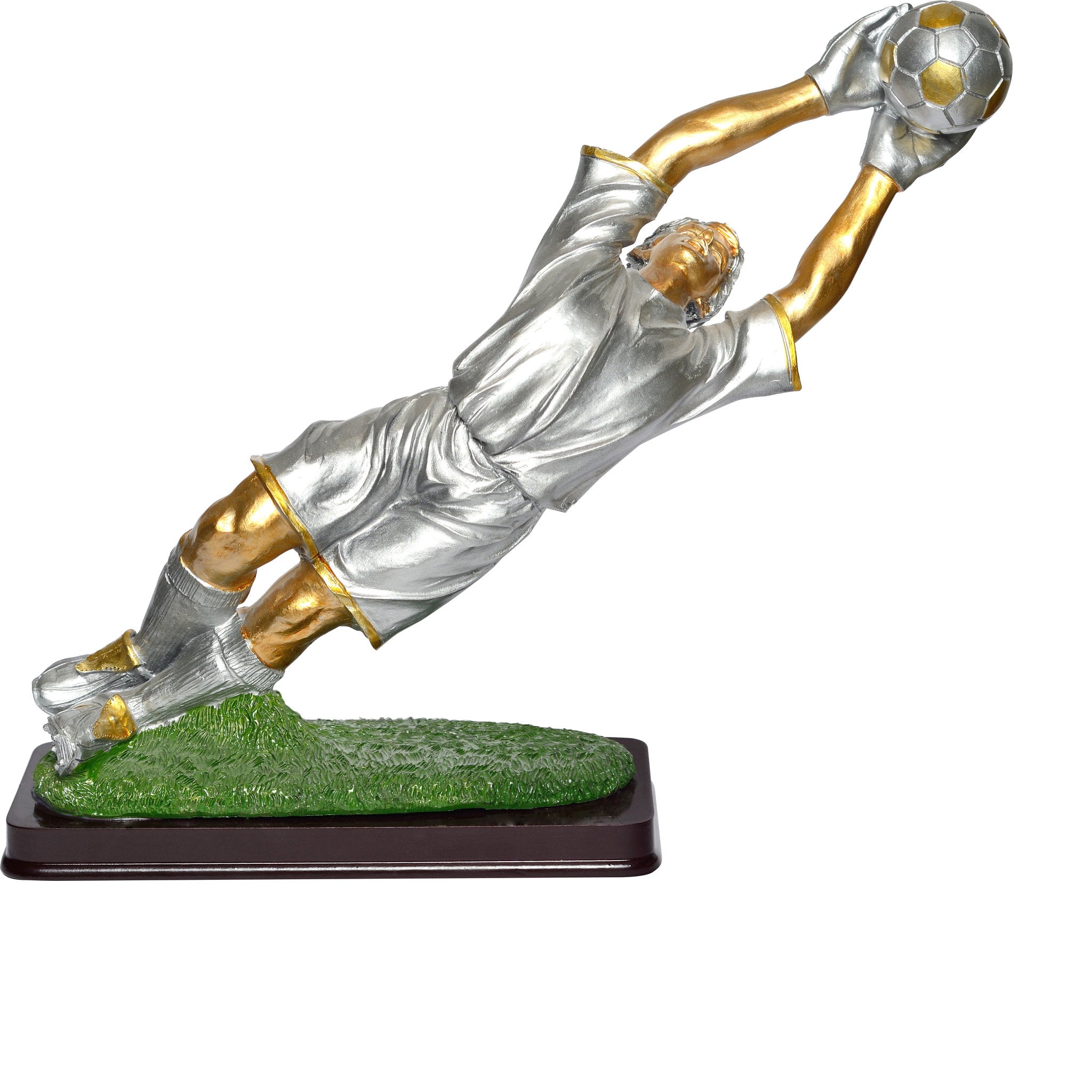Die Tormann-Figur aus Resina-Kunststoff zeigt einen dynamischen Tormann beim Fangen des Balls. Formschön gestaltet und robust, eignet sie sich perfekt für Fußball-Ehrungen, Vereinsmeisterschaften oder sportliche Highlights.
