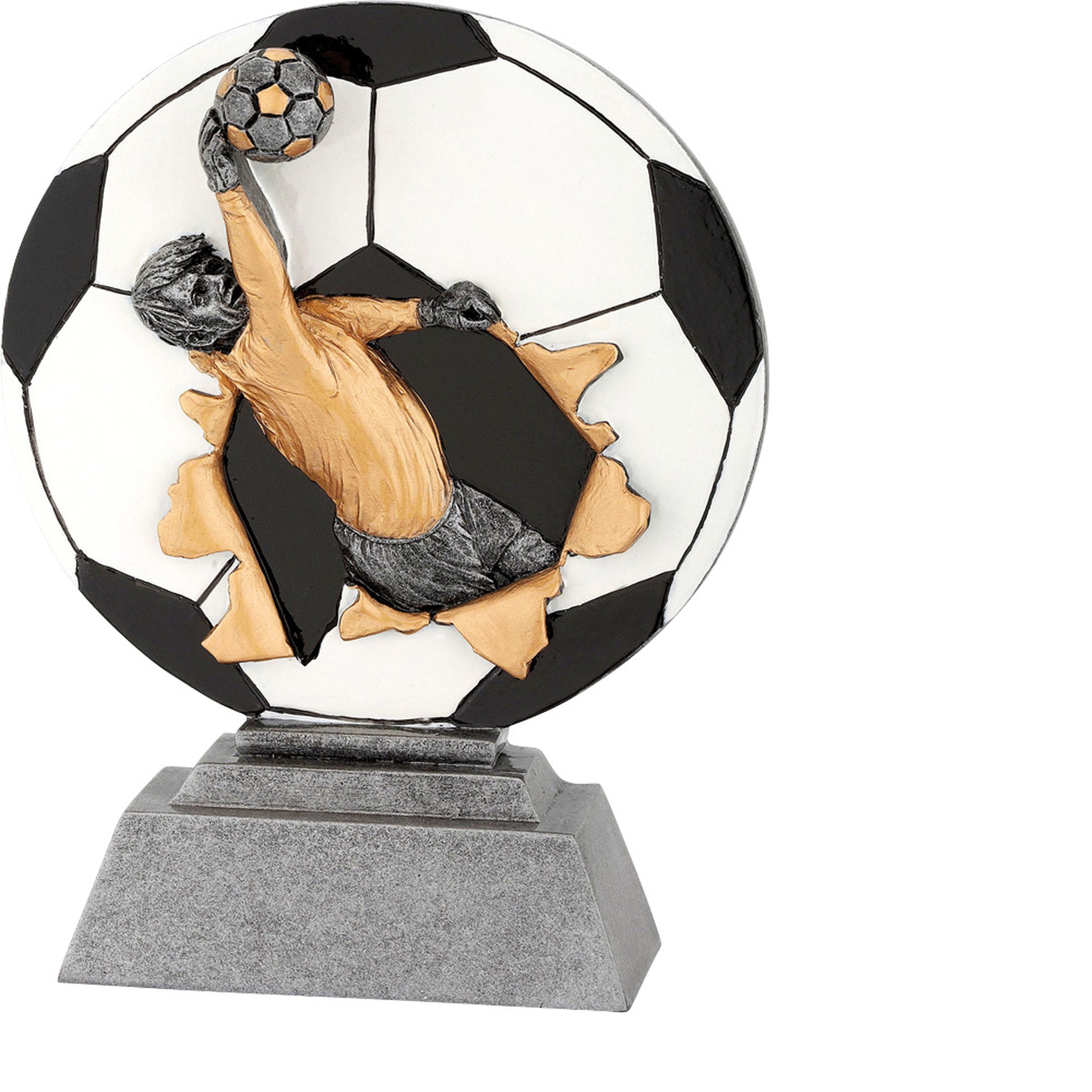 Die Tormann-Sportfigur zeigt einen Torwart beim Fangen des Balls vor einem Fußball-Hintergrund und steht auf einem grauen Sockel. Die dynamische Darstellung macht diese Figur zu einer idealen Auszeichnung für Fußballturniere, Vereinsmeisterschaften und sp