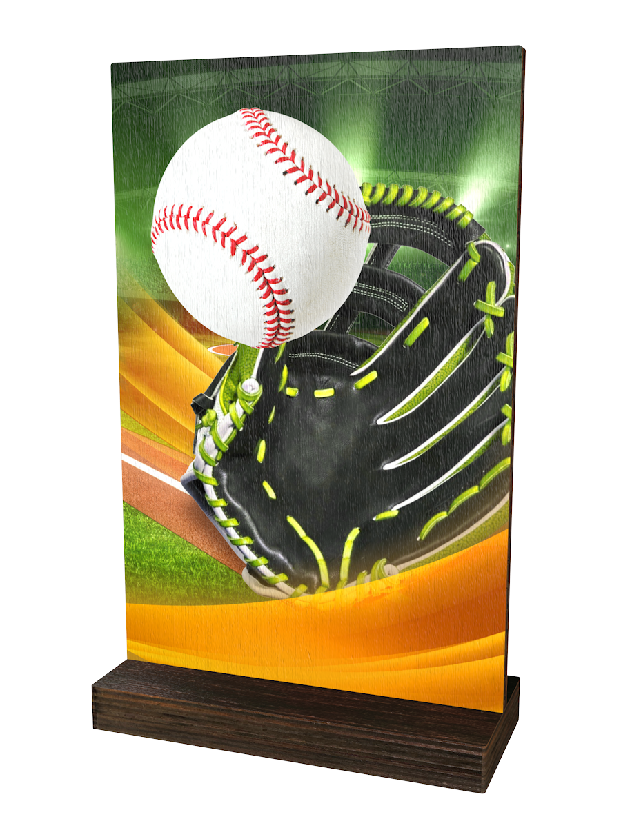 Colorful Wood Baseball-Trophäe mit weißem Baseball,
schwarzem Baseballhandschuh, Stadionhintergrund in
Grün-, Gelb- und Grautönen sowie hochwertigem
dunkelbraunem Holzsockel. Ideal für Baseballturniere
und Ehrungen.