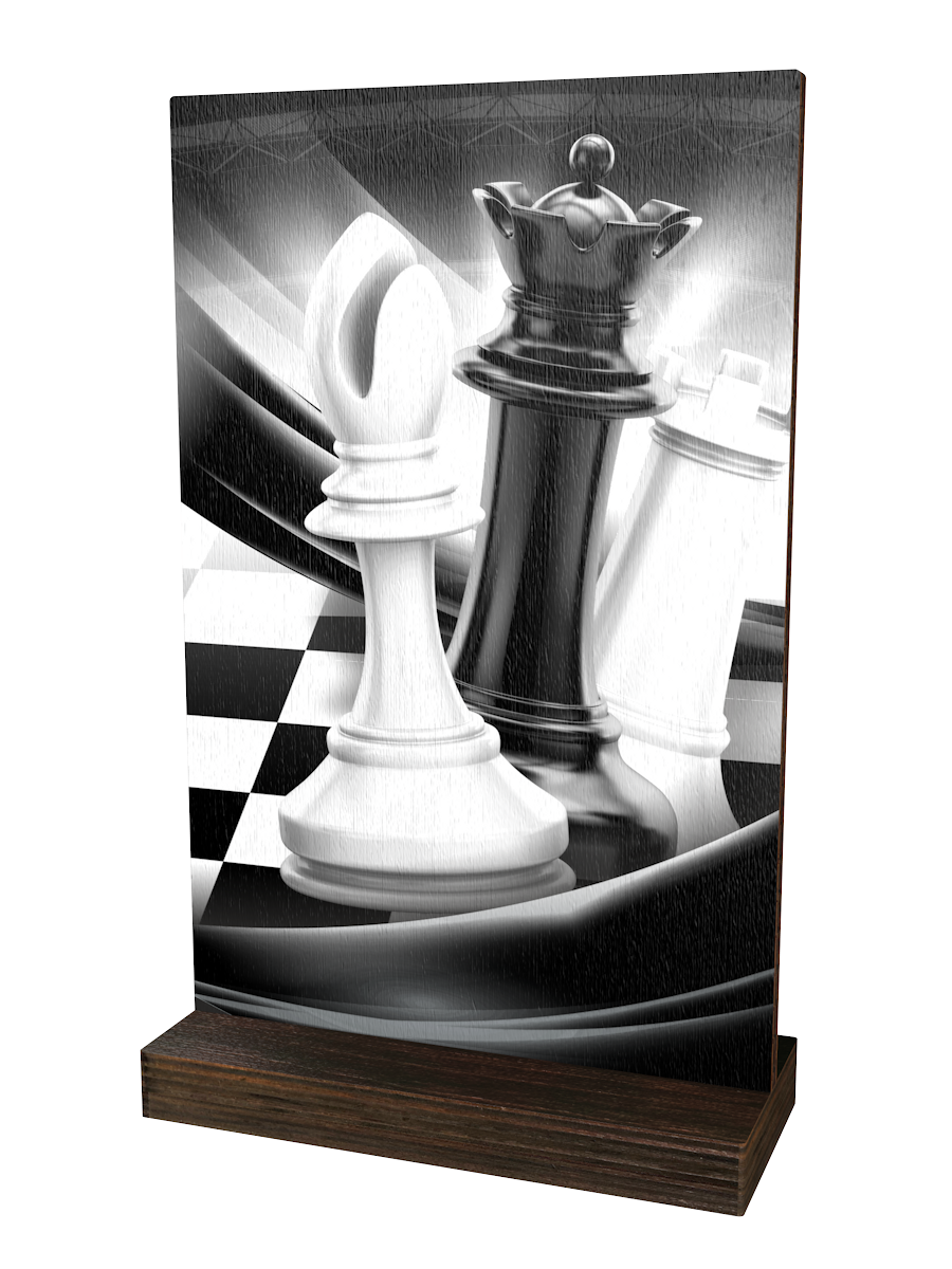 Colorful Wood Schach-Trophäe mit weißen und schwarzen 
Schachfiguren auf einem Schachbrett, elegantem 
Schwarz-Weiß-Design und hochwertigem dunkelbraunem 
Holzsockel. Ideal für Schachturniere und Ehrungen.