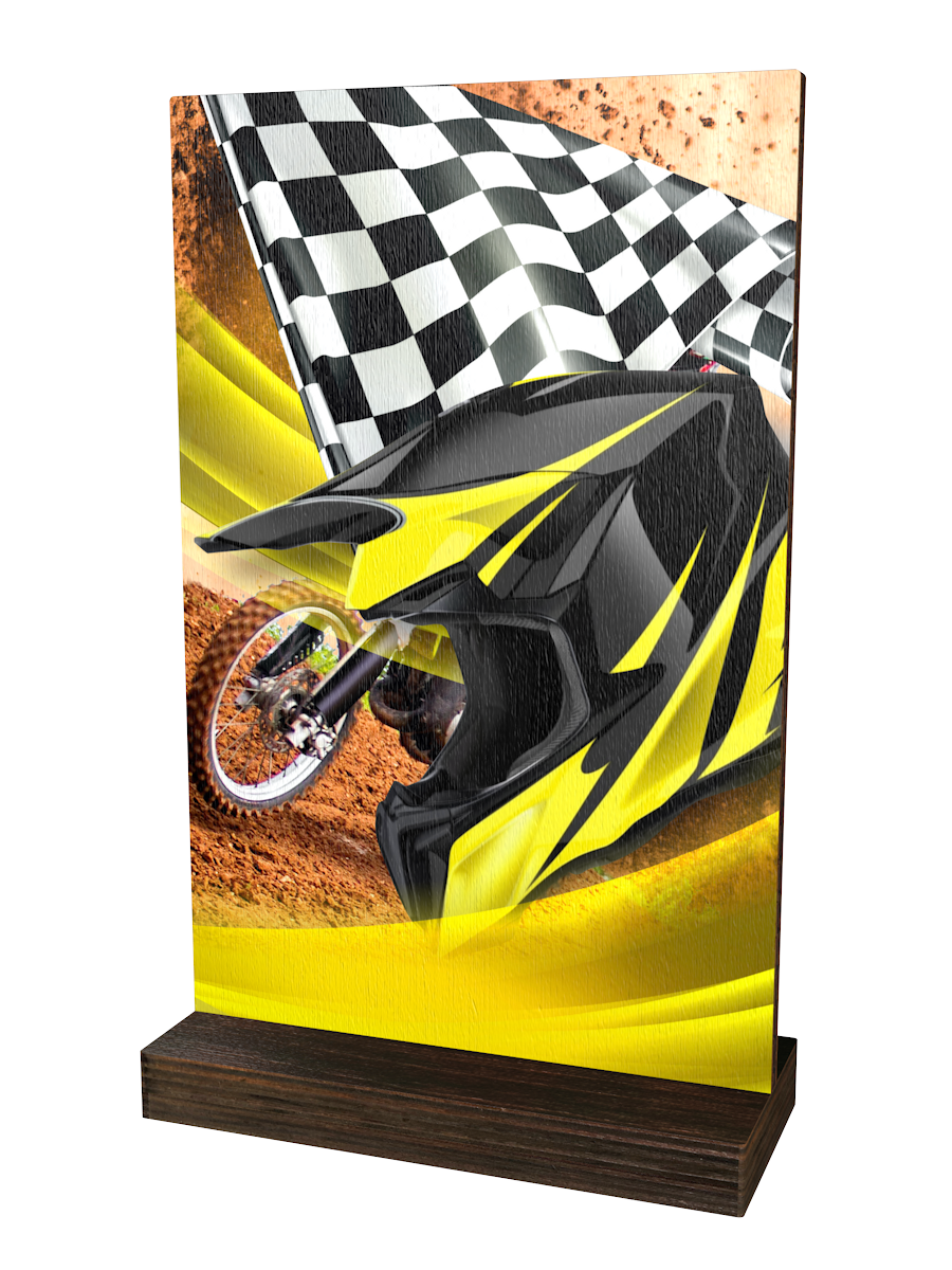 Colorful Wood Motocross-Trophäe mit gelb-schwarzem
Motocrosshelm, schwarz-weißer Zielflagge,
Motocross-Motorrad im Hintergrund sowie hochwertigem
dunkelbraunem Holzsockel. Ideal für Motocross-Rennen
und Ehrungen.