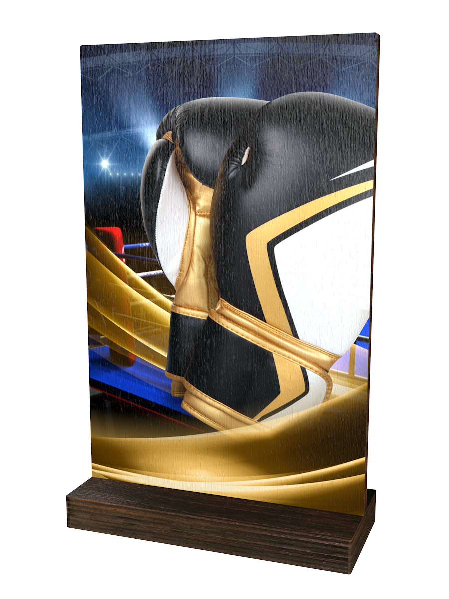 Colorful Wood Boxen-Trophäe mit schwarz-goldenen
Boxhandschuhen, dynamischem Hintergrund in Blau-, Gold 
und Grautönen sowie hochwertigem dunkelbraunem
Holzsockel. Ideal für Boxturniere und Ehrungen.