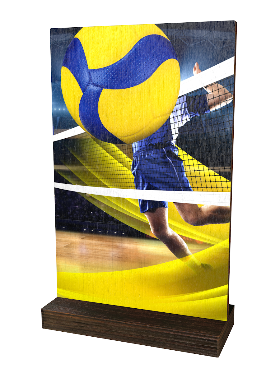 Colorful Wood Volleyball-Trophäe mit gelb-blauem Volleyball,
Volleyballspieler am Netz, dynamischem
Stadionhintergrundund hochwertigem dunkelbraunem
Holzsockel. Ideal für Volleyballturniere und Ehrungen.