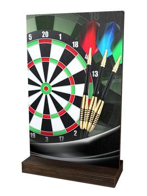 Colorful Wood Trophäe Darts mit schwarzer Dartscheibe,
drei gold-schwarzen Dartpfeilen und hochwertigem
dunkelbraunem Holzsockel. Das moderne Design macht sie
zu einer eleganten Auszeichnung für Dartturniere und
Ehrungen.