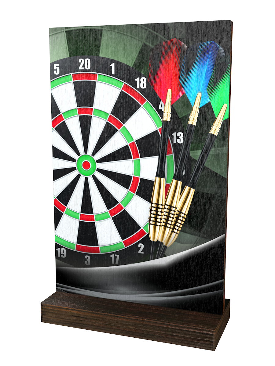 Colorful Wood Trophäe Darts mit schwarzer Dartscheibe,
drei gold-schwarzen Dartpfeilen und hochwertigem
dunkelbraunem Holzsockel. Das moderne Design macht sie
zu einer eleganten Auszeichnung für Dartturniere und
Ehrungen.
