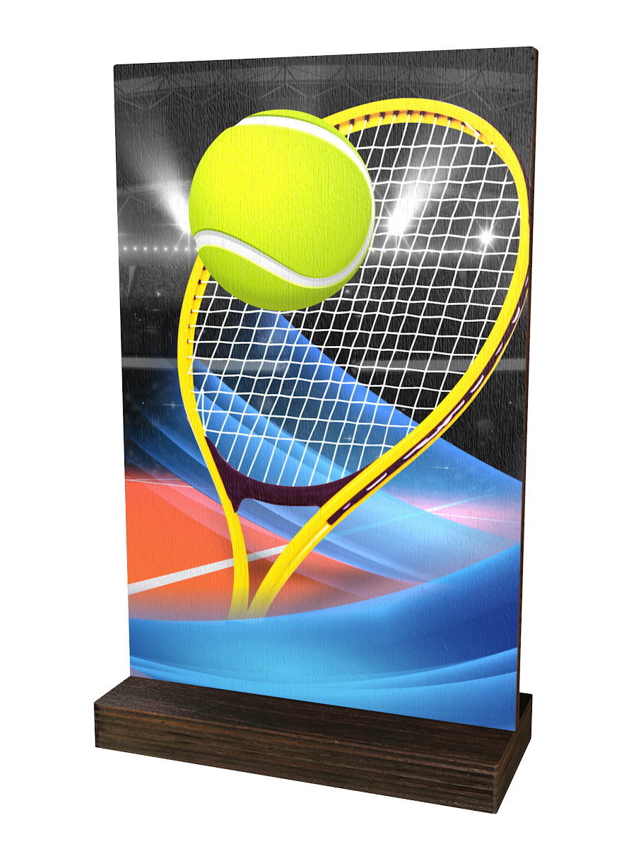 Colorful Wood Tennis-Trophäe mit gelbem Tennisschläger,
leuchtend grünem Tennisball, dynamischem Hintergrund in
Blau-, Orange- und Grautönen sowie hochwertigem
dunkelbraunem Holzsockel. Ideal für Tennisturniere
und Ehrungen.