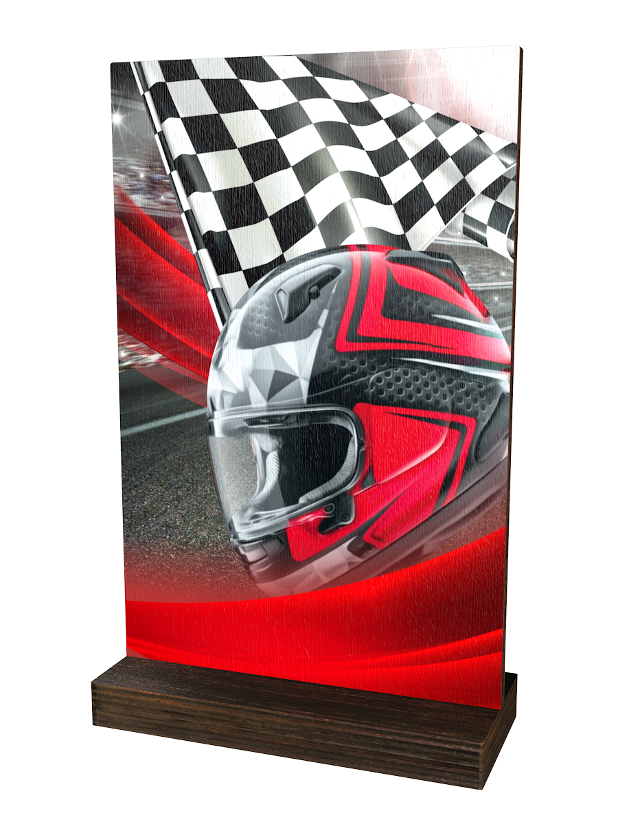 Colorful Wood Motorsport-Trophäe mit rot-schwarzem
Motorradhelm, schwarz-weißer Zielflagge, dynamischem
Hintergrund in Rot-, Grau- und Schwarztönen sowie
hochwertigem dunkelbraunem Holzsockel. Ideal für
Motorsportveranstaltungen und Ehrungen.