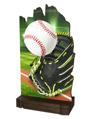 Colorful Wood Baseball-Trophäe mit weißem Baseball,
schwarzem Baseballhandschuh, Stadionhintergrund in
Grün-, Gelb- und Grautönen sowie hochwertigem
dunkelbraunem Holzsockel. Ideal für Baseballturniere
und Ehrungen.