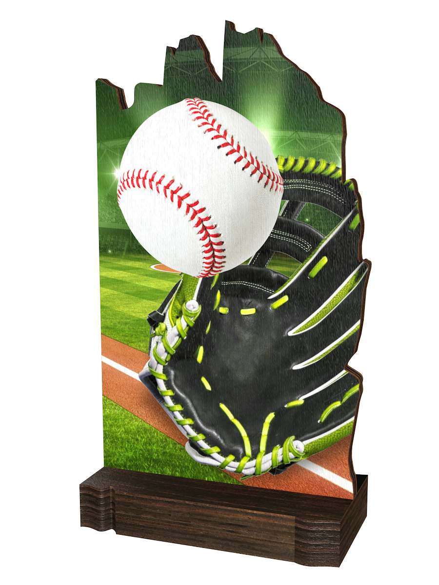 Colorful Wood Baseball-Trophäe mit weißem Baseball,
schwarzem Baseballhandschuh, Stadionhintergrund in
Grün-, Gelb- und Grautönen sowie hochwertigem
dunkelbraunem Holzsockel. Ideal für Baseballturniere
und Ehrungen.