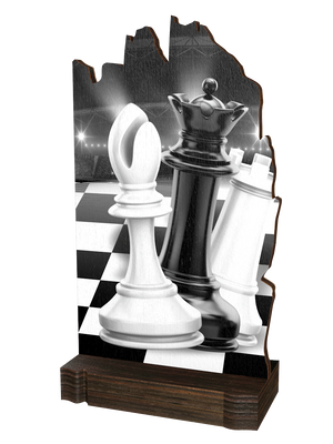 Colorful Wood Schach-Trophäe mit weißen und schwarzen 
Schachfiguren auf einem Schachbrett, elegantem 
Schwarz-Weiß-Design und hochwertigem dunkelbraunem 
Holzsockel. Ideal für Schachturniere und Ehrungen.