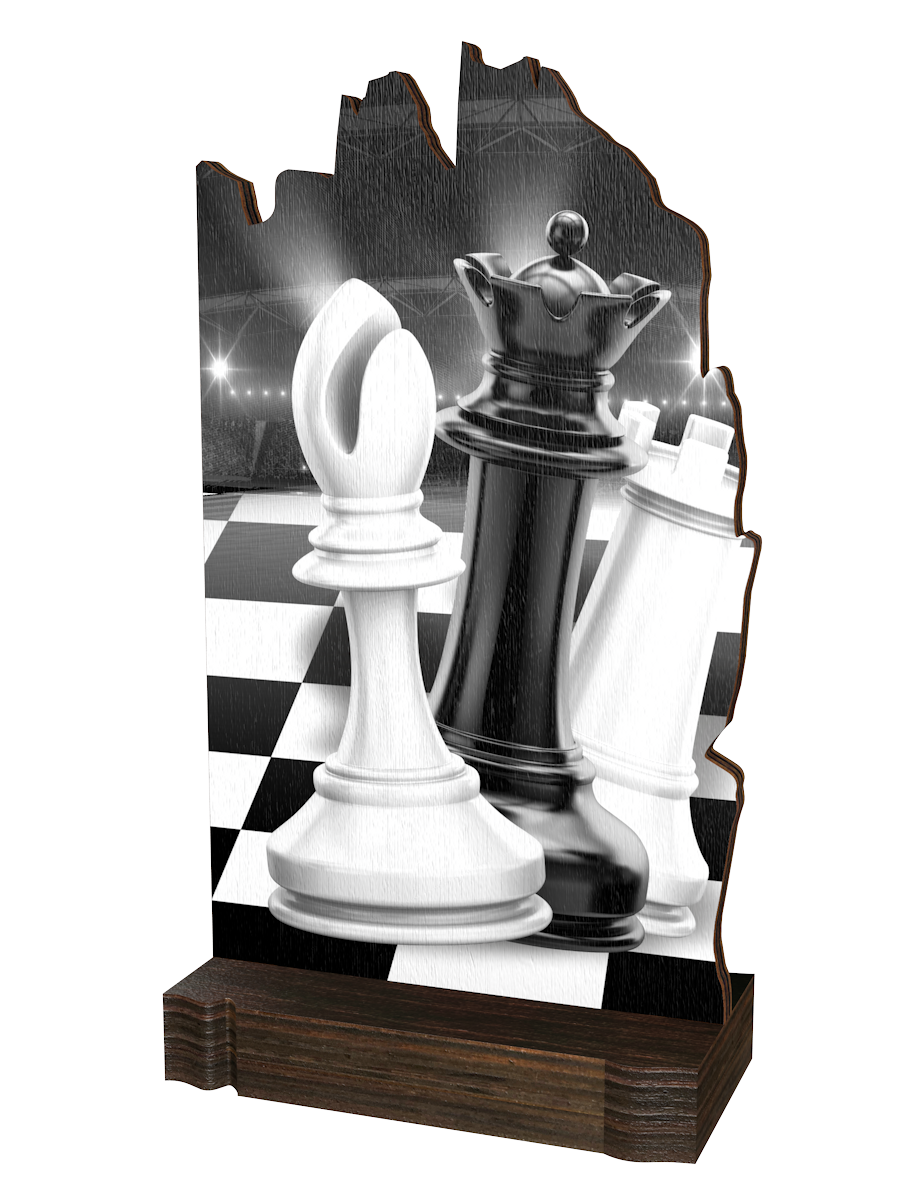 Colorful Wood Schach-Trophäe mit weißen und schwarzen 
Schachfiguren auf einem Schachbrett, elegantem 
Schwarz-Weiß-Design und hochwertigem dunkelbraunem 
Holzsockel. Ideal für Schachturniere und Ehrungen.