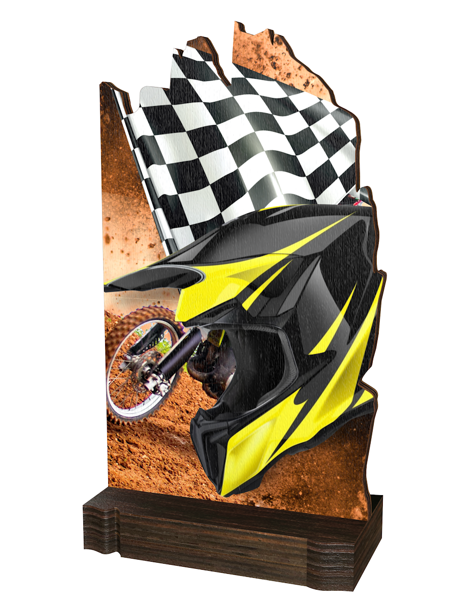 Colorful Wood Motocross-Trophäe mit gelb-schwarzem
Motocrosshelm, schwarz-weißer Zielflagge,
Motocross-Motorrad im Hintergrund sowie hochwertigem
dunkelbraunem Holzsockel. Ideal für Motocross-Rennen
und Ehrungen.