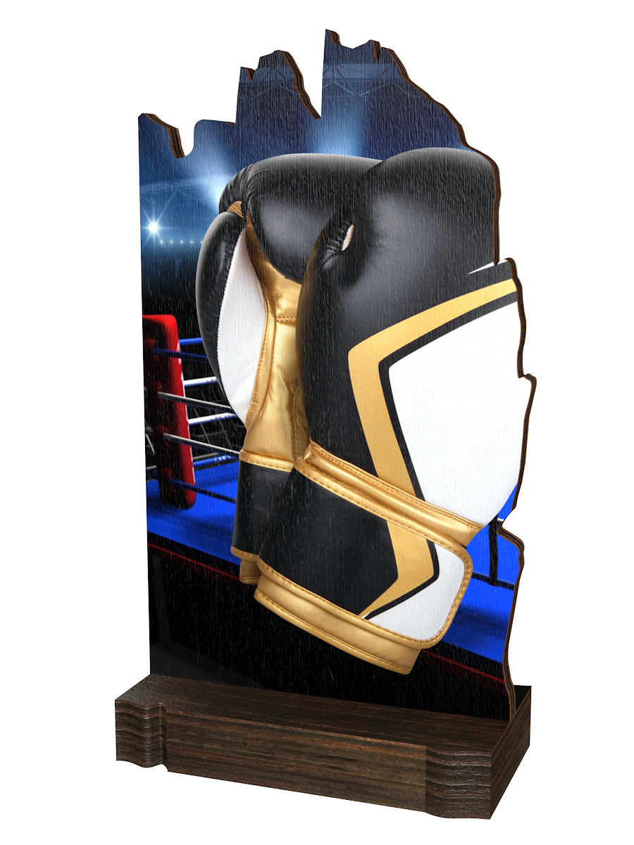 Colorful Wood Boxen-Trophäe mit schwarz-goldenen
Boxhandschuhen, dynamischem Hintergrund in Blau-, Gold 
und Grautönen sowie hochwertigem dunkelbraunem
Holzsockel. Ideal für Boxturniere und Ehrungen.