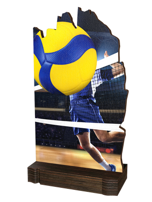 Colorful Wood Volleyball-Trophäe mit gelb-blauem Volleyball,
Volleyballspieler am Netz, dynamischem
Stadionhintergrundund hochwertigem dunkelbraunem
Holzsockel. Ideal für Volleyballturniere und Ehrungen.