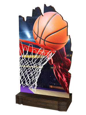 Colorful Wood Trophäe Basketball mit detailreichem
Basketballmotiv, Basketballkorb mit Netz und
Stadionhintergrund auf transparenter Platte. Der hochwertige
dunkle Holzsockel verleiht der Trophäe eine elegante Optik
und macht sie zur idealen Auszeichnung für
Basketballturniere und sportliche Erflge.