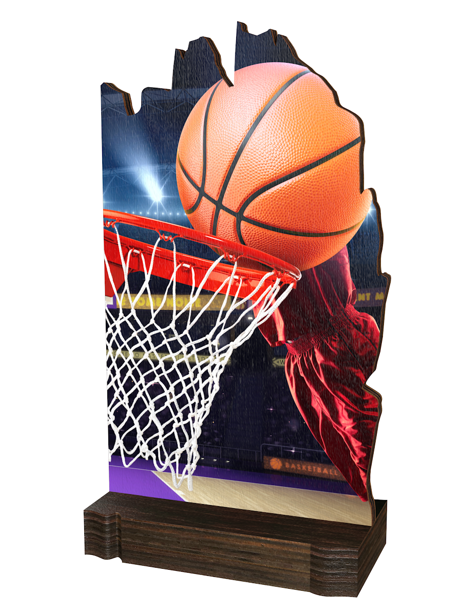 Colorful Wood Trophäe Basketball mit detailreichem
Basketballmotiv, Basketballkorb mit Netz und
Stadionhintergrund auf transparenter Platte. Der hochwertige
dunkle Holzsockel verleiht der Trophäe eine elegante Optik
und macht sie zur idealen Auszeichnung für
Basketballturniere und sportliche Erflge.