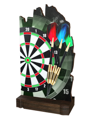 Colorful Wood Trophäe Darts mit schwarzer Dartscheibe,
drei gold-schwarzen Dartpfeilen und hochwertigem
dunkelbraunem Holzsockel. Das moderne Design macht sie
zu einer eleganten Auszeichnung für Dartturniere und
Ehrungen.
