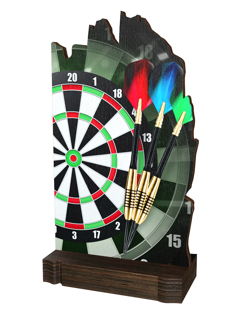 Colorful Wood Trophäe Darts mit schwarzer Dartscheibe,
drei gold-schwarzen Dartpfeilen und hochwertigem
dunkelbraunem Holzsockel. Das moderne Design macht sie
zu einer eleganten Auszeichnung für Dartturniere und
Ehrungen.