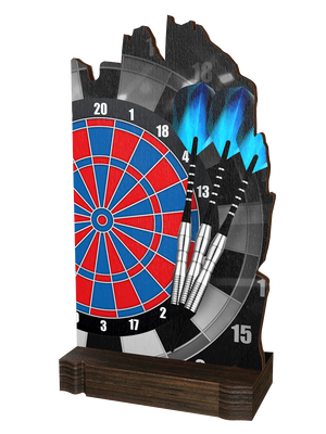 Colorful Wood Darts-Trophäe mit rot-blauer Dartscheibe,
vier silbernen Dartpfeilen, dynamischem blau-grauem
Hintergrund und dunkelbraunem Holzsockel.
Ideal für Dartturniere und Ehrungen.