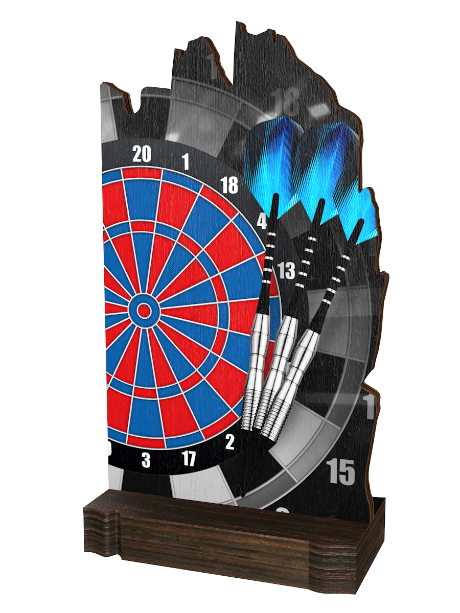 Colorful Wood Darts-Trophäe mit rot-blauer Dartscheibe,
vier silbernen Dartpfeilen, dynamischem blau-grauem
Hintergrund und dunkelbraunem Holzsockel.
Ideal für Dartturniere und Ehrungen.