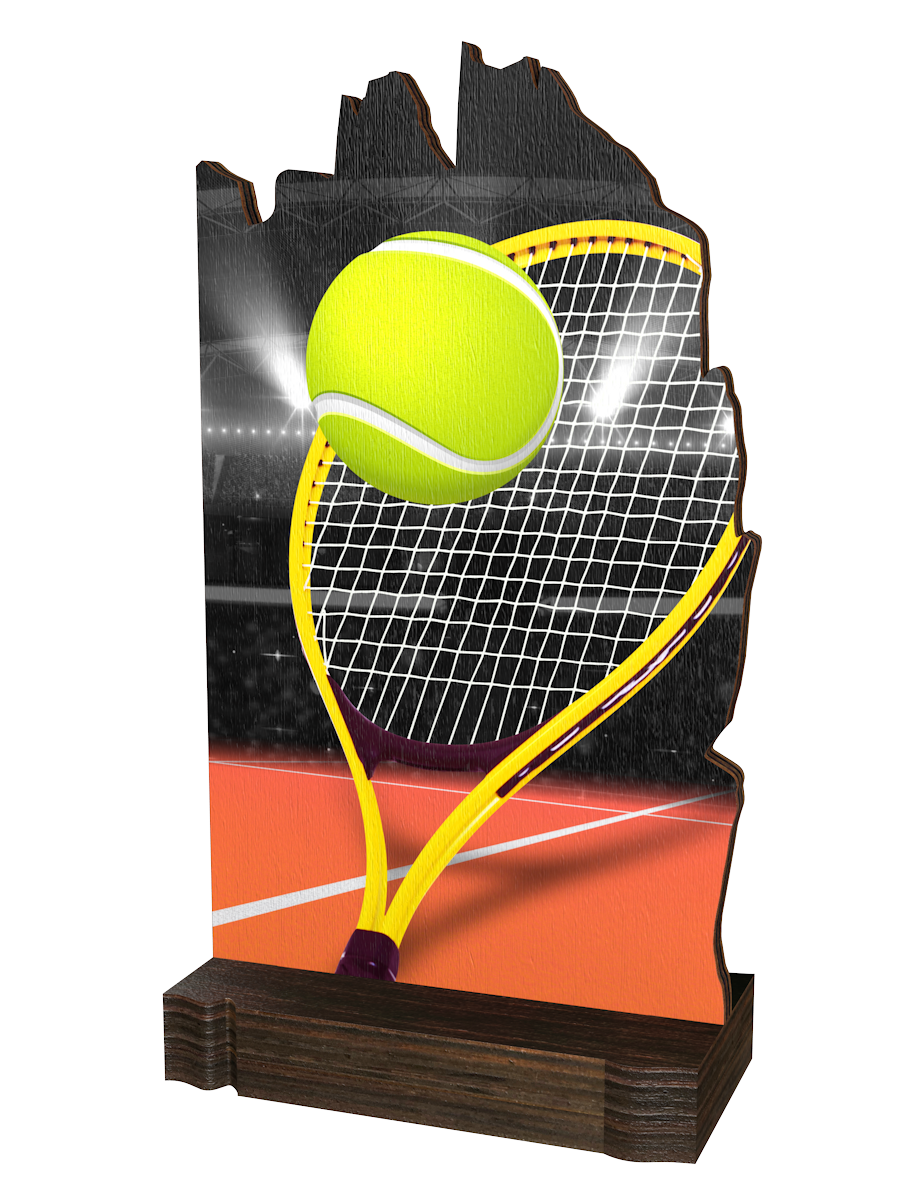 Colorful Wood Tennis-Trophäe mit gelbem Tennisschläger,
leuchtend grünem Tennisball, dynamischem Hintergrund in
Blau-, Orange- und Grautönen sowie hochwertigem
dunkelbraunem Holzsockel. Ideal für Tennisturniere
und Ehrungen.