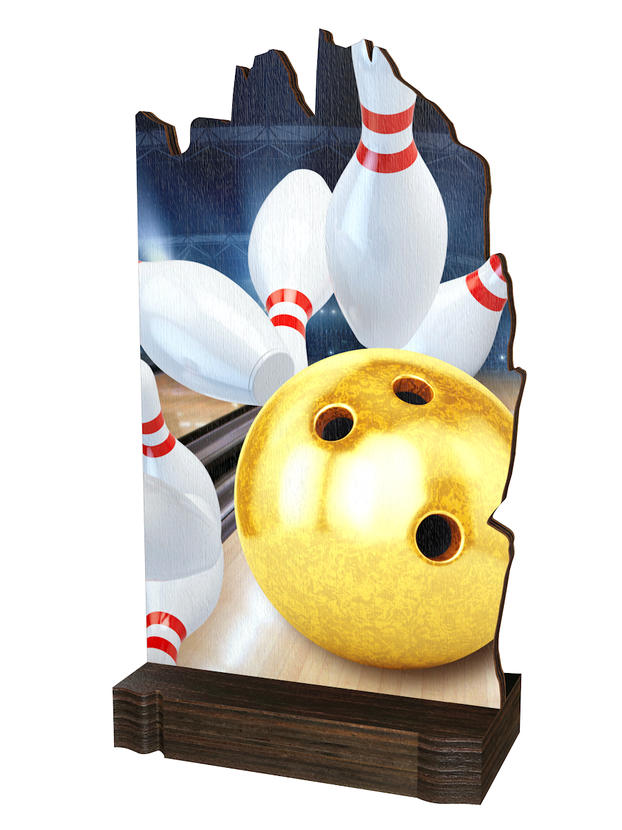 Colorful Wood Bowling-Trophäe mit glänzender goldener
Bowlingkugel, weißen Bowlingpins, dynamischem
Hintergrund in Rot-, Blau- und Grautönen sowie
hochwertigem dunkelbraunem Holzsockel. Ideal für
Bowlingturniere und Ehrungen.