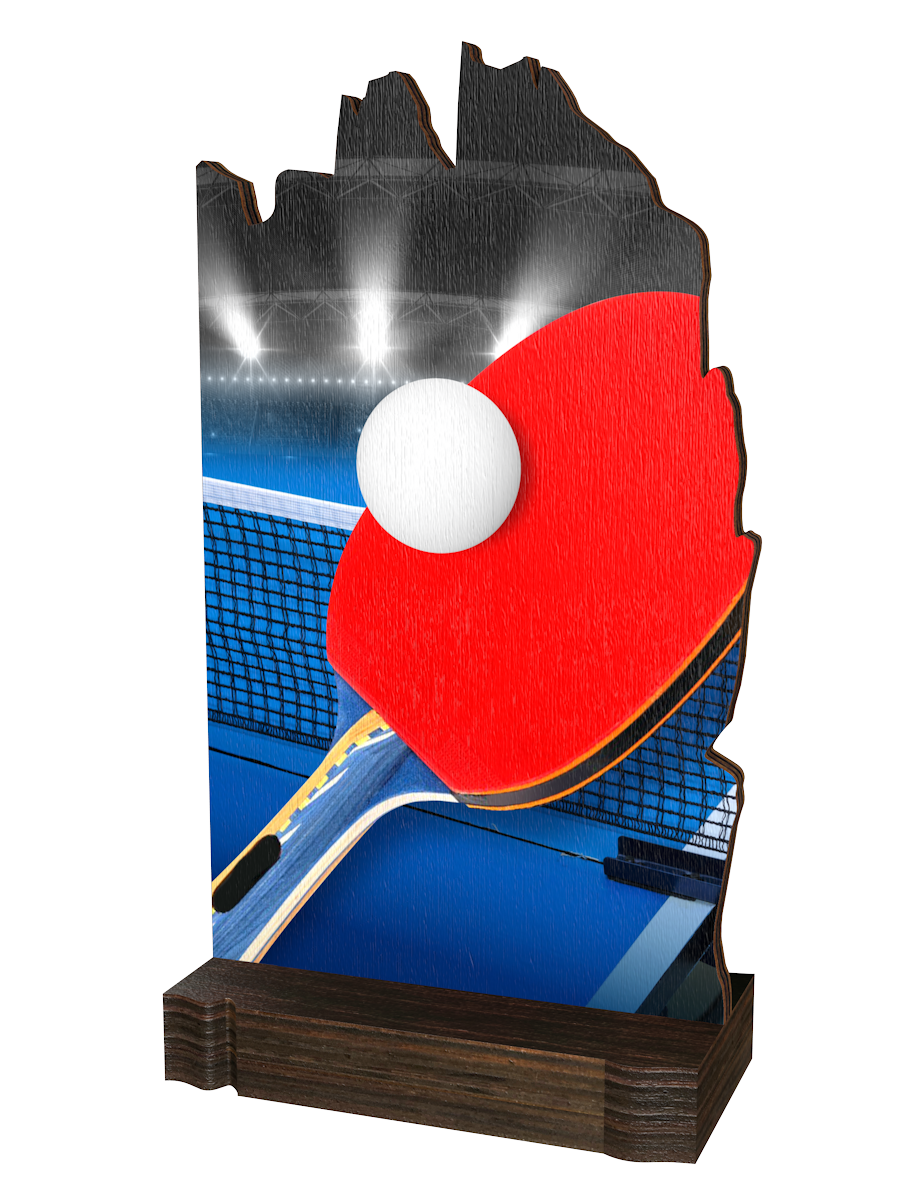 Colorful Wood Tischtennis-Trophäe mit rotem 
Tischtennisschläger, weißem Tischtennisball, dynamischem 
Hintergrund in Blau- und Grautönen sowie hochwertigem 
dunkelbraunem Holzsockel. Ideal für Tischtennisturniere 
und Ehrungen.