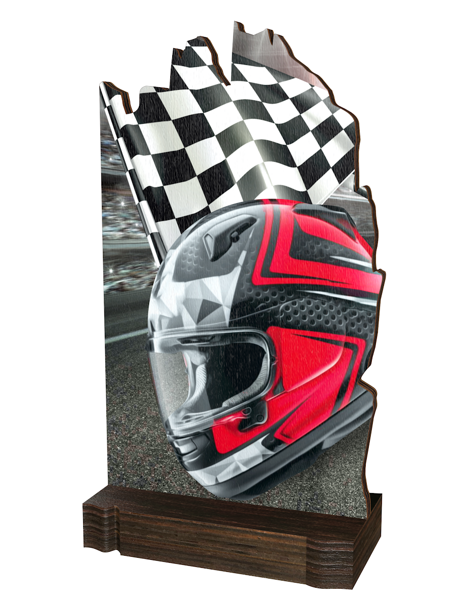 Colorful Wood Motorsport-Trophäe mit rot-schwarzem
Motorradhelm, schwarz-weißer Zielflagge, dynamischem
Hintergrund in Rot-, Grau- und Schwarztönen sowie
hochwertigem dunkelbraunem Holzsockel. Ideal für
Motorsportveranstaltungen und Ehrungen.