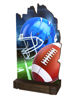 Colorful Wood American Football-Trophäe mit blauem
Footballhelm, braunem Football, Stadionhintergrund in
Rot-, Grün-, Blau- und Grautönen sowie hochwertigem
dunkelbraunem Holzsockel.
Ideal für American-Football-Turniere und Ehrungen.
