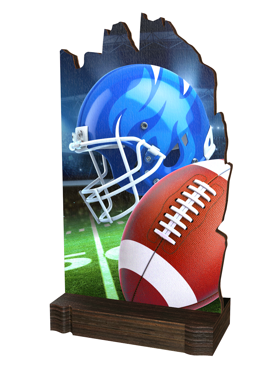 Colorful Wood American Football-Trophäe mit blauem
Footballhelm, braunem Football, Stadionhintergrund in
Rot-, Grün-, Blau- und Grautönen sowie hochwertigem
dunkelbraunem Holzsockel.
Ideal für American-Football-Turniere und Ehrungen.