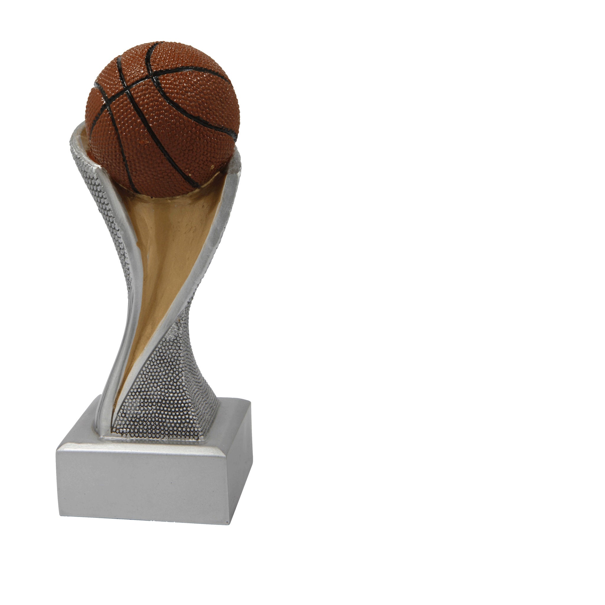 Die Basketball Groove ist eine Trophäe mit geschwungener Form in Silber auf silbernem Sockel. Ganz oben ist ein Basketball angebracht. Diese dynamische Trophäe eignet sich perfekt für Basketballturniere, Vereinsmeisterschaften und sportliche Ehrungen.