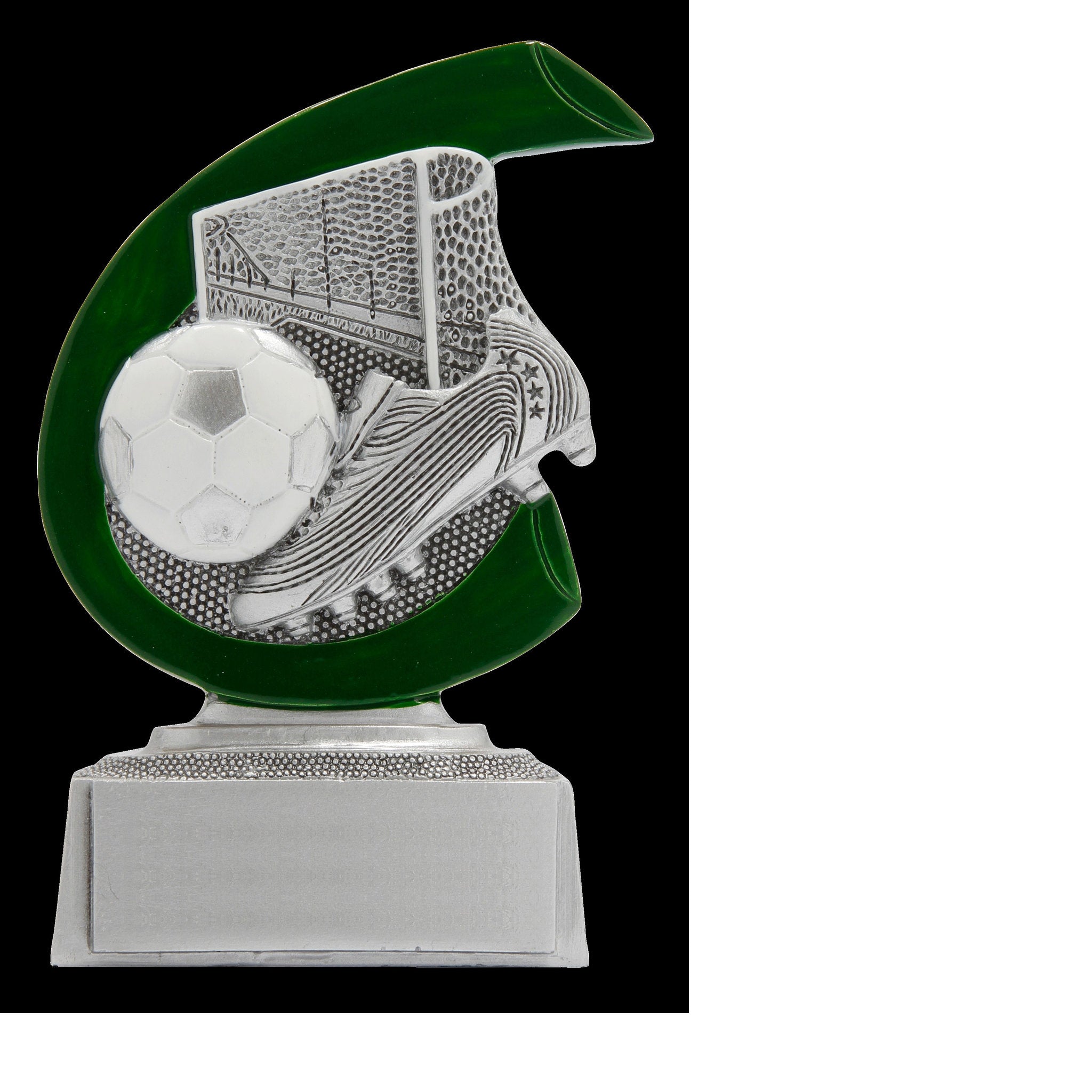 Die Fußball ist eine Resina-Trophäe mit geschwungenem, halbmondförmigem Hintergrund, auf dem ein Fußballschuh, ein Fußball und ein Tor dargestellt sind. Die Trophäe steht auf einem silbernen rechteckigen Sockel und eignet sich perfekt für Fußballturniere,
