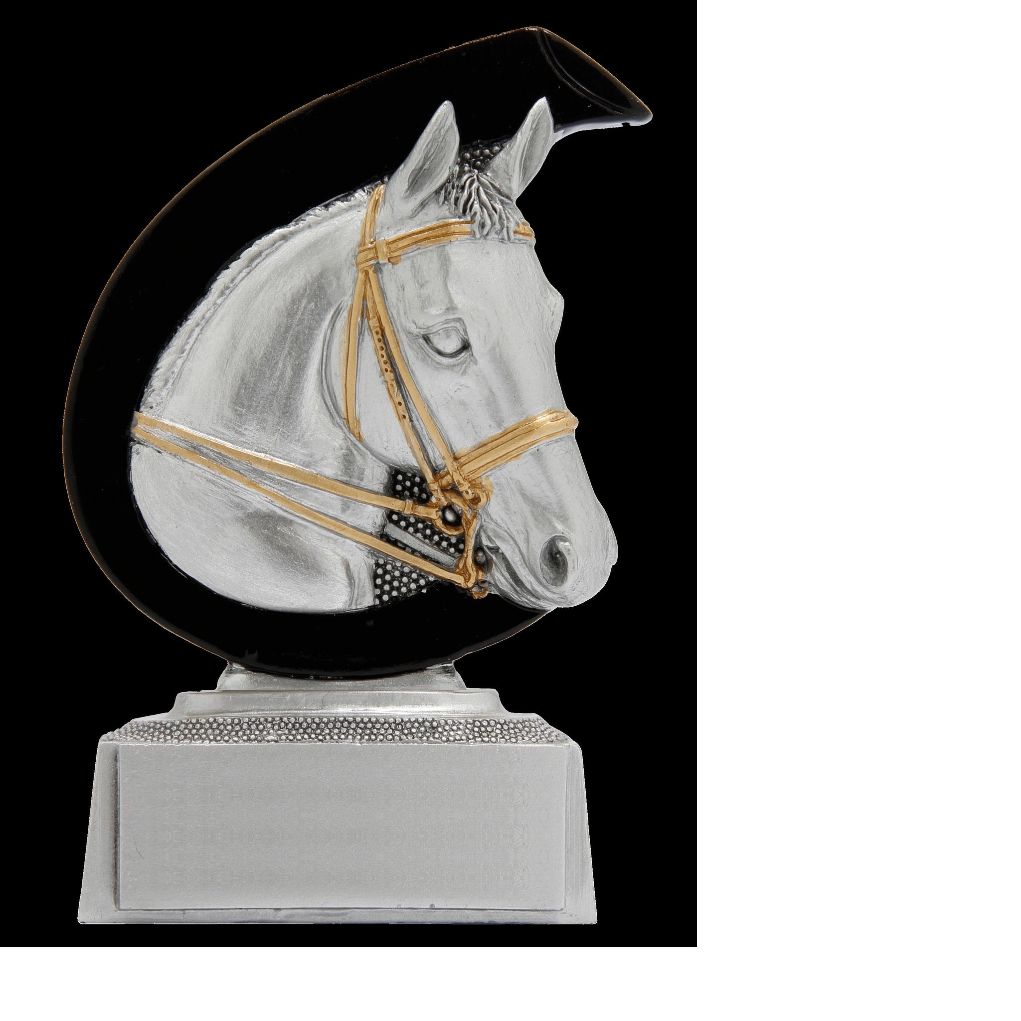Die Reiten ist eine Resina-Trophäe mit geschwungenem, halbmondförmigem Hintergrund, auf dem ein Pferdekopf mit goldenen Zügeln dargestellt ist. Die Trophäe steht auf einem silbernen rechteckigen Sockel und eignet sich perfekt für Reitturniere, Vereinsmeis
