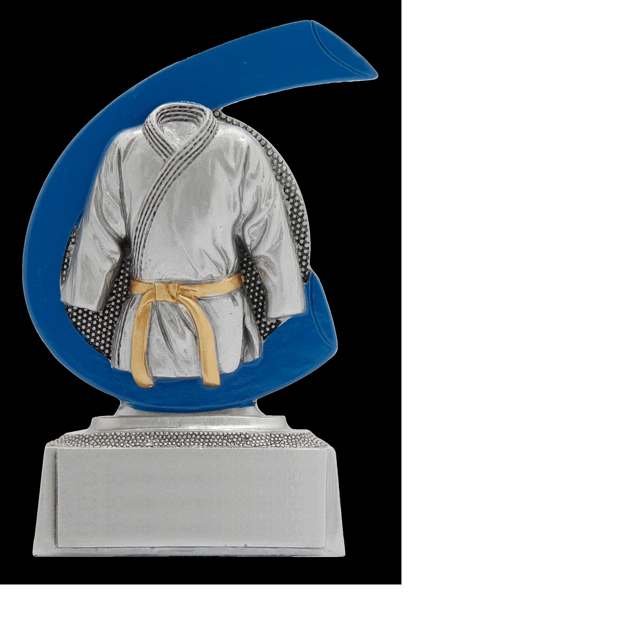 Die Kampfkunst ist eine Resina-Trophäe mit geschwungenem, halbmondförmigem Hintergrund, auf dem Judokleidung mit goldenem Gürtel dargestellt ist. Die Trophäe steht auf einem silbernen rechteckigen Sockel und eignet sich perfekt für Kampfkunstturniere, Ver