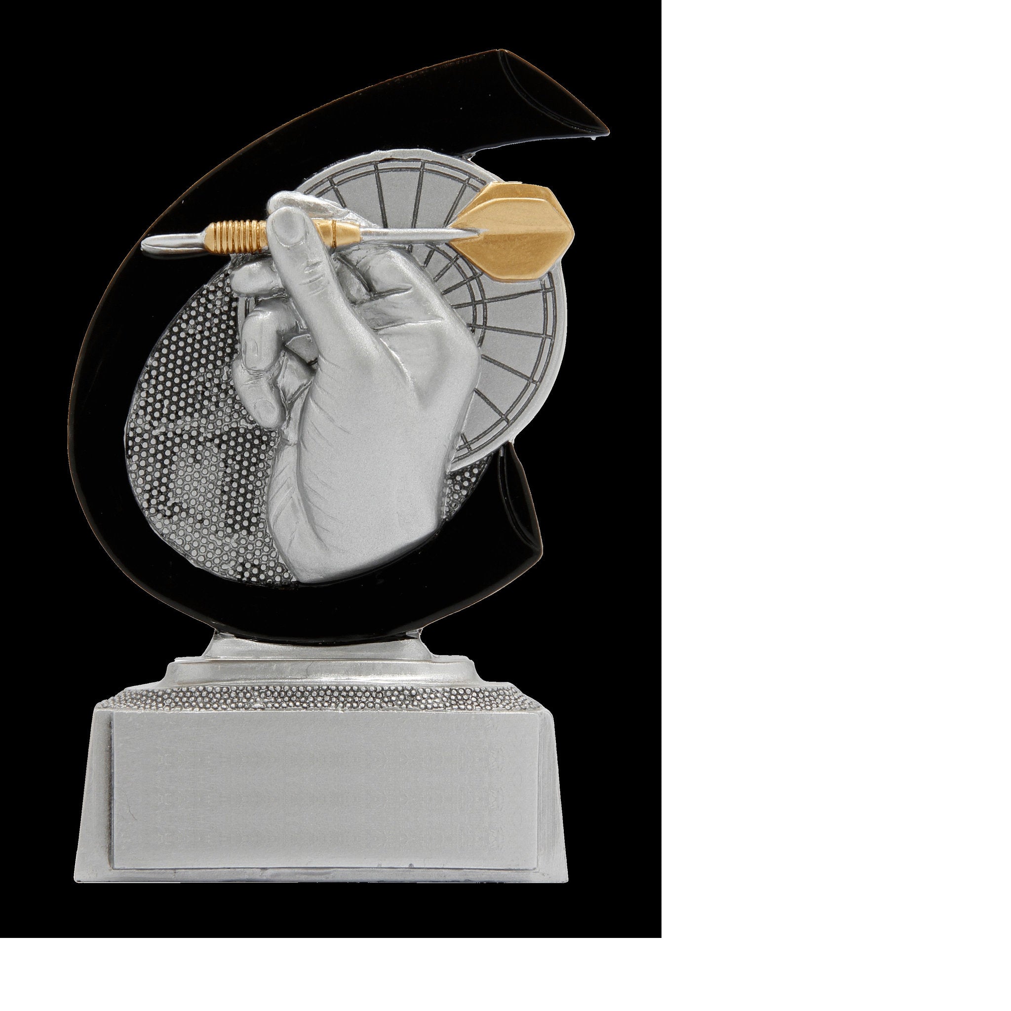 Die Darts ist eine Resina-Trophäe mit geschwungenem, halbmondförmigem Hintergrund, auf der eine Hand dargestellt ist, die einen Dartpfeil mit goldenen Elementen hält, im Hintergrund befindet sich eine Dartscheibe. Die Trophäe steht auf einem silbernen rec
