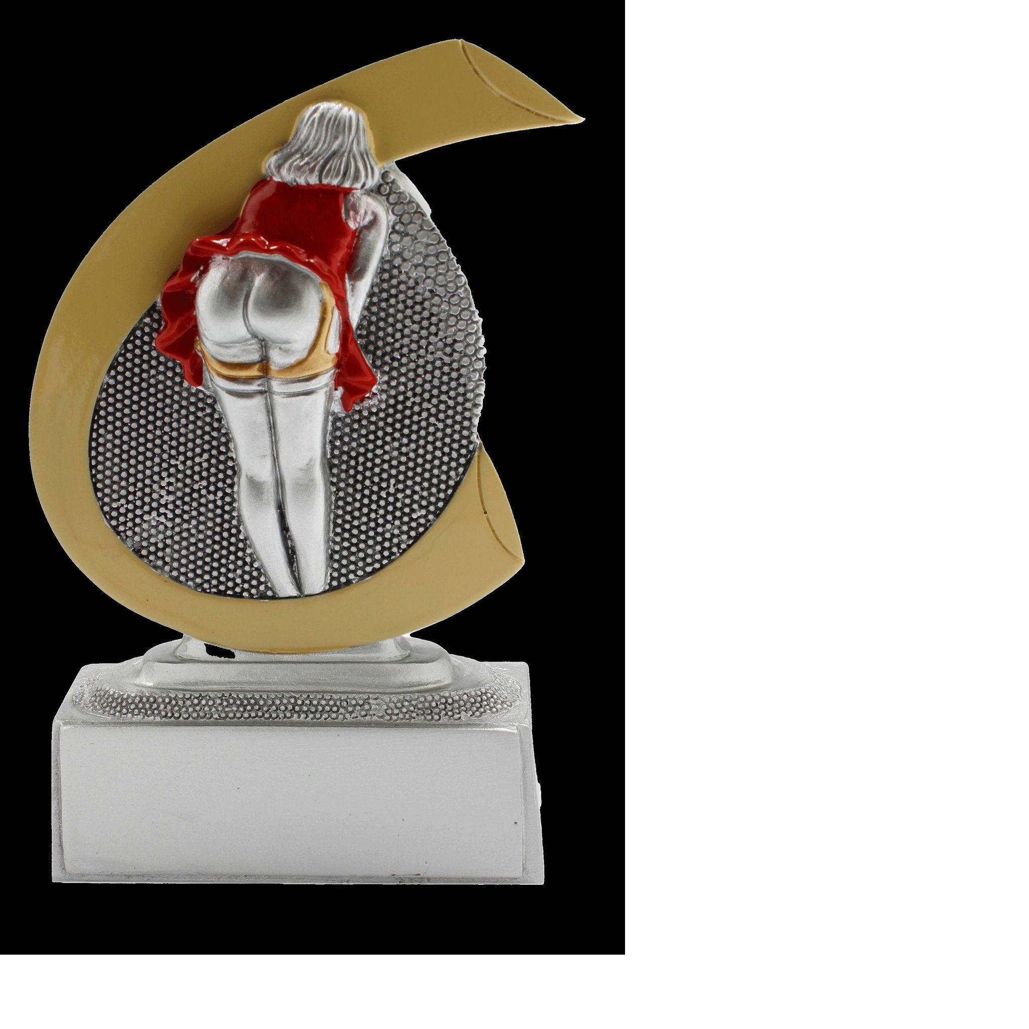 Der Scherzpreis ist eine Resina-Trophäe mit geschwungenem, halbmondförmigem Hintergrund, auf dem eine Frau im roten Kleid dargestellt ist, die ihren Hintern zeigt. Die Trophäe steht auf einem silbernen rechteckigen Sockel und eignet sich ideal als lustige