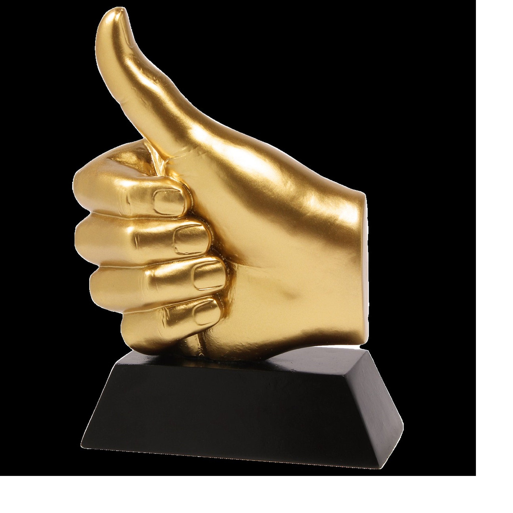 Die Welldone Trophy zeigt eine goldene Hand, die den Daumen nach oben hält. Die Figur steht auf einem schwarzen rechteckigen Sockel und eignet sich perfekt als Auszeichnung für besondere Leistungen, sportliche Ehrungen oder Anerkennungspreise.