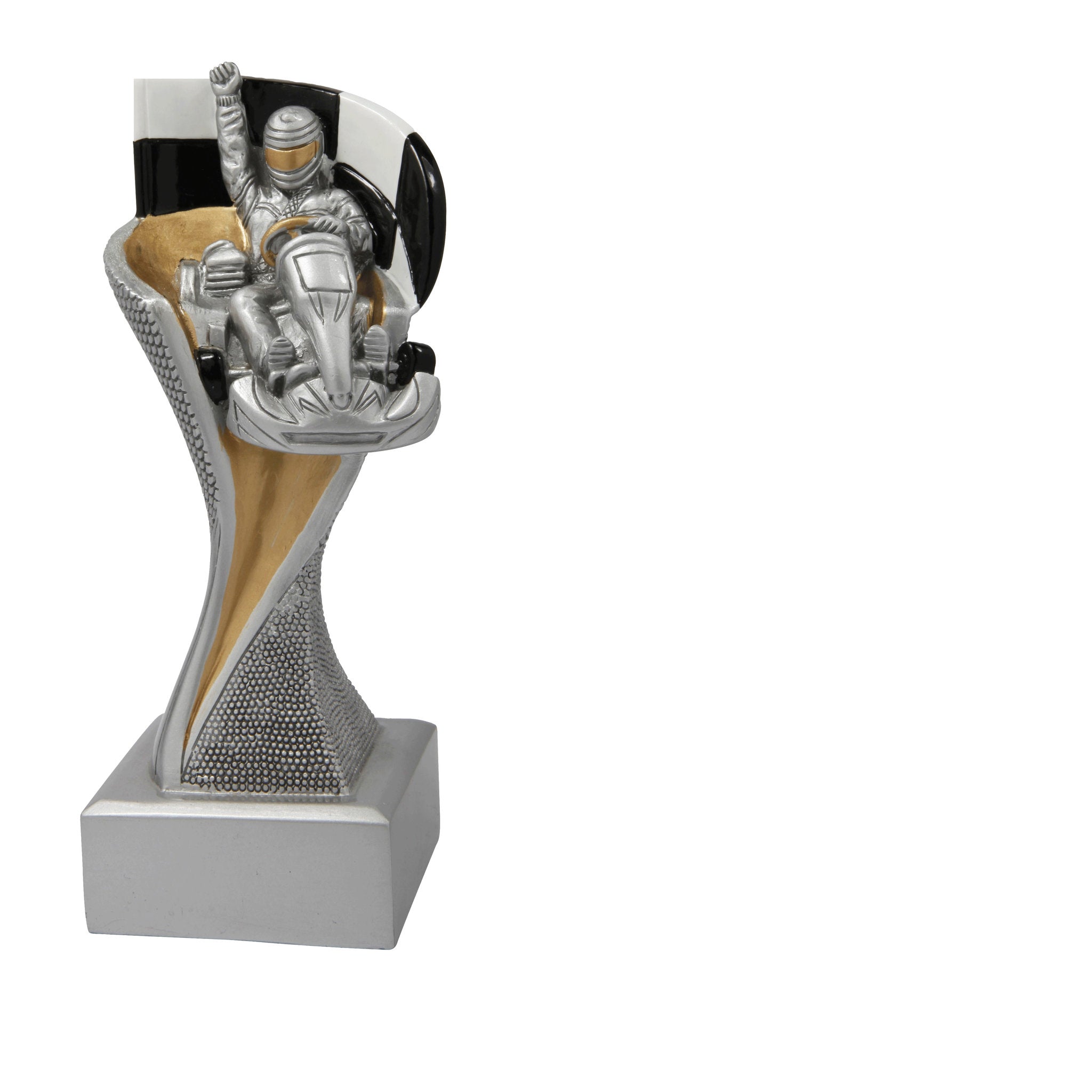 Die Go-Kart Groove ist eine Trophäe mit geschwungener Form in Silber auf silbernem Sockel. Ganz oben sitzt ein Go-Kart-Fahrer in seinem Kart, dahinter ist ein schwarz-weiß karierter Hintergrund dargestellt. Diese dynamische Trophäe eignet sich perfekt für