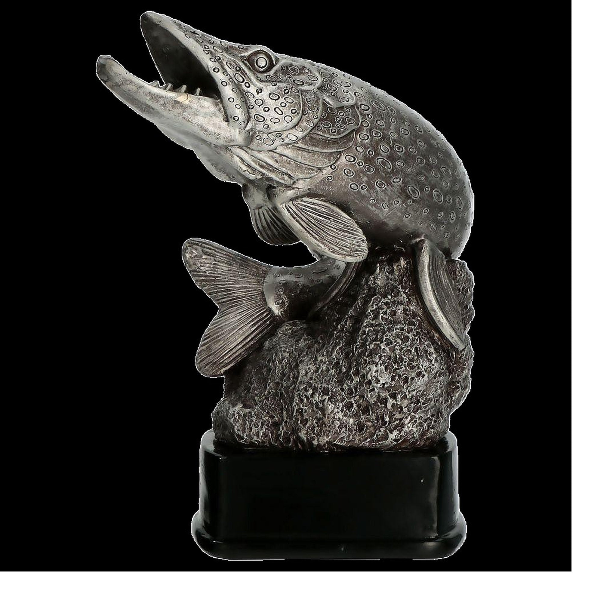 Die Figur Zander zeigt einen silbernen Zander auf einem ovalen schwarzen Sockel. Diese stilvolle Figur eignet sich perfekt für Angelwettbewerbe, Vereinsmeisterschaften und sportliche Ehrungen.