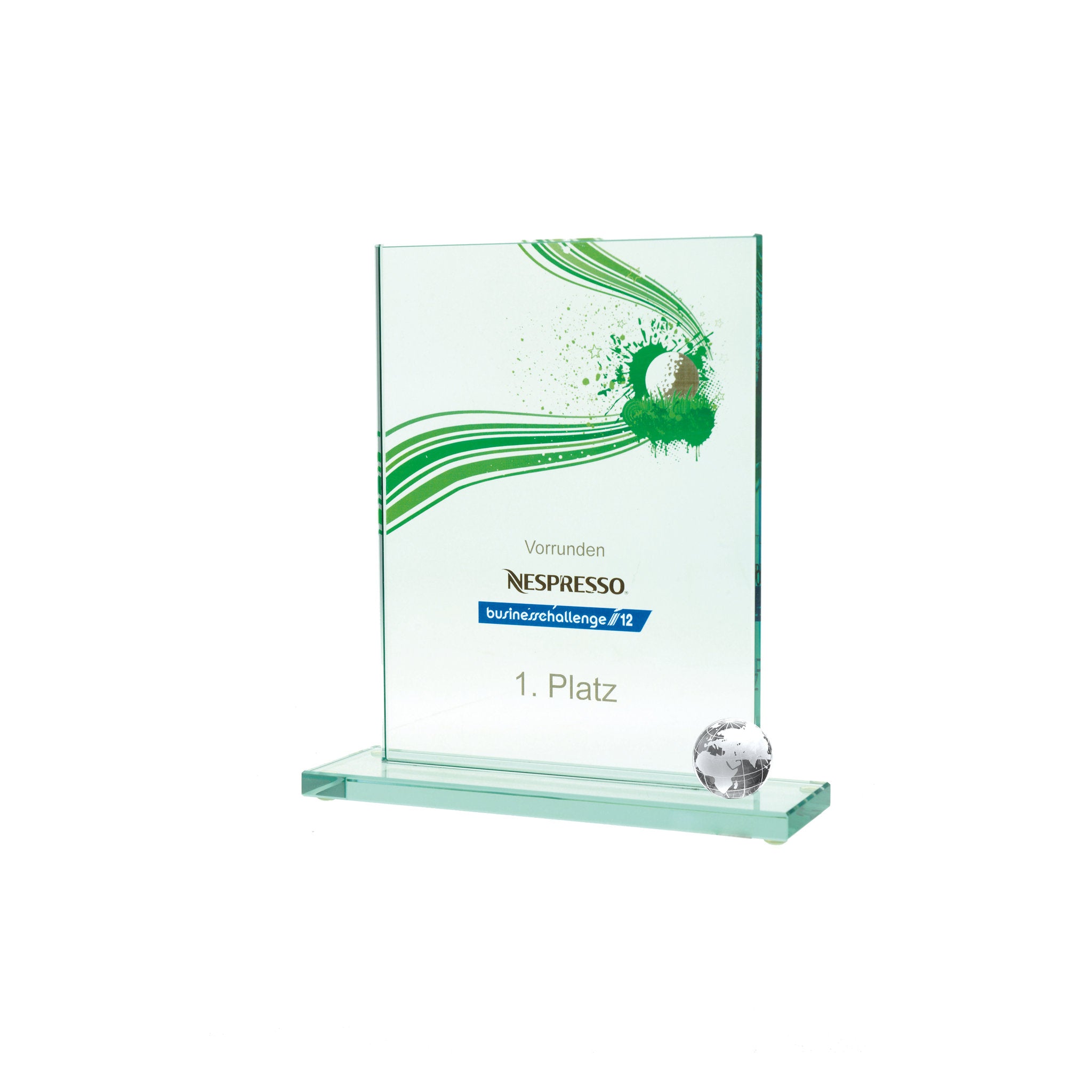 Zeitlose Glastrophäe in aqua-grüner Glasfarbe mit 10 mm Glasstärke auf Glassockel, handgefertigt und geeignet für sportliche, wirtschaftliche und festliche Auszeichnungen.